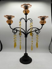 Vtg Gothic Candleabra amber crystals cast iron stand