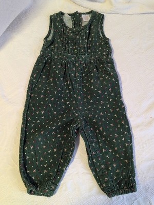 Vtg Cherokee Girls Green Corduroy Overalls Flowers Rose Buds 18 Months