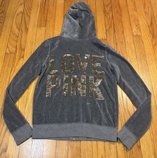 Victorias Secret Pink Full Zip Hoodie Sequin Bling Logo Dog Gray Size Medium Y2K
