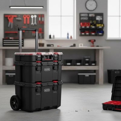 Durable Tool Organizer Set with Rolling Cart, Toolbox and Compartment Storage