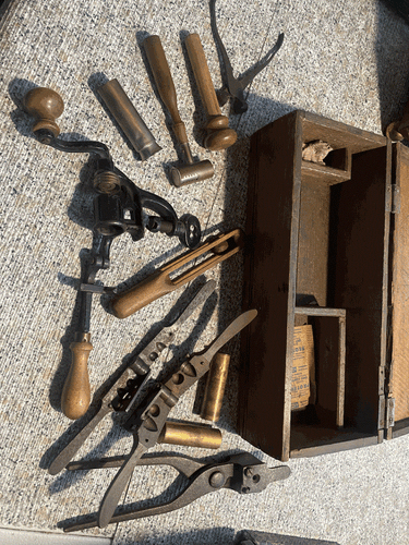 LARGE Lot of Antique lot of reloading tools, bullet molds, measure, handmade box