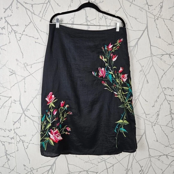 Jupe Longue Bohème Anne Carson - Lin Brodé Pailleté Noir, Taille 10, Neuve Avec étiquette