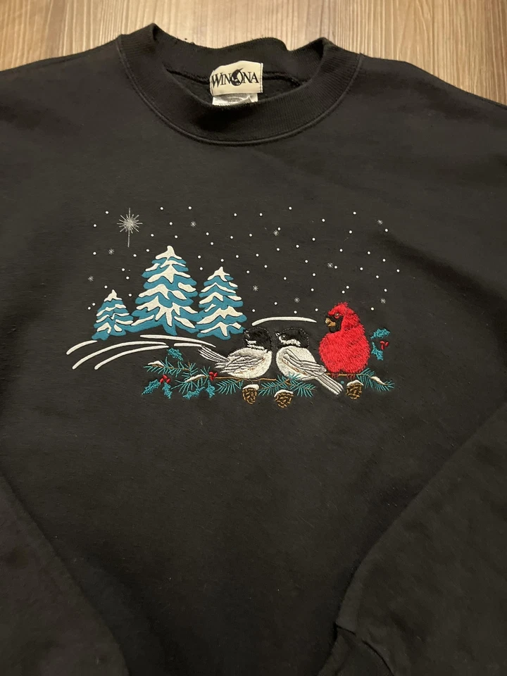 Winona 卫衣 2XL 黑色刺绣红衣主教鸟冬季圆领雪 — 第 2/4 张图片