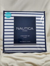 New Nautica Queen Size Bedding Sheet 4 Pc Handsome Blue Stripe Bedroom Linens