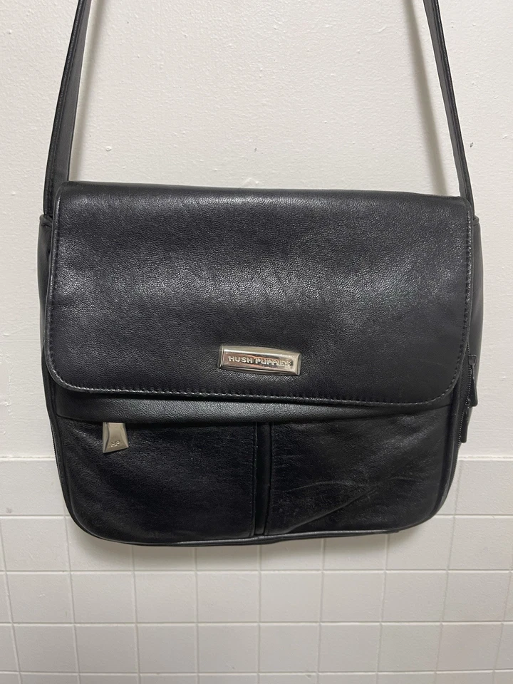 Bandolera/bolso de hombro Hush Puppies de cuero genuino negro bolso cartera Foto 2 de 4