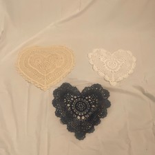 Set of 3 Hand Crocheted Heart-Shaped Doilies Beige White Navy Cottage Core
