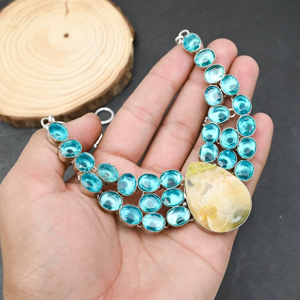 Collana gioiello in argento sterling 925 topazio blu diaspro ape bomba 18" - Immagine 2 di 4