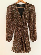 MINKPINK Ditsy Floral Long Sleeve Dress Small Flutter Hem V Neck Lined Belted