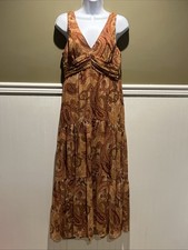 Taylor Women’s Summer Dress Brown Orange Paisley Ruffles Boho Strapless Plunge