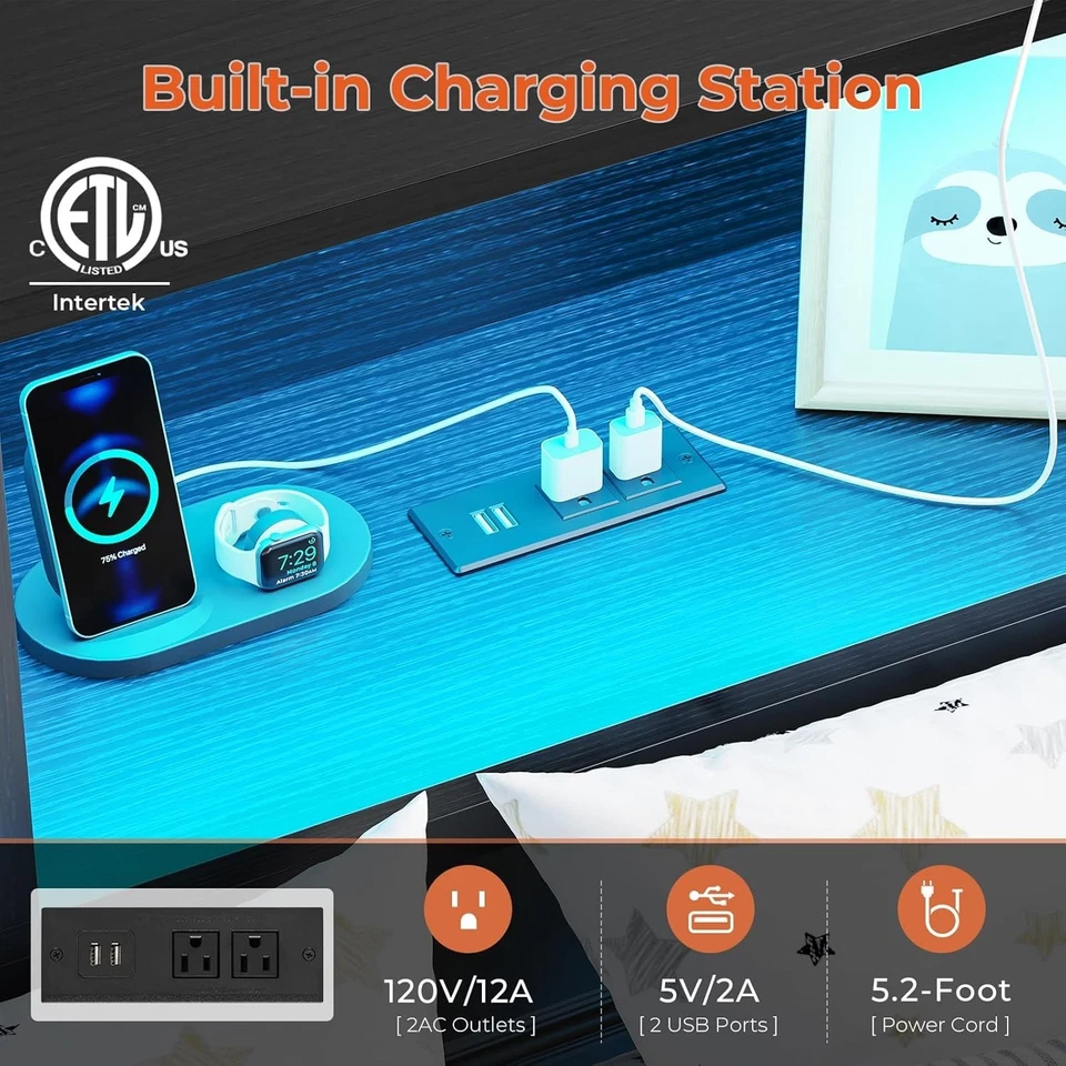 Marco de cama de esquina completo con estación de carga, luces LED, almacenamiento de estantería, cajones Foto 3 de 4