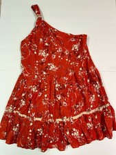 Free People All Mine One Shoulder Red Linen Tiered Mini Dress SMALL