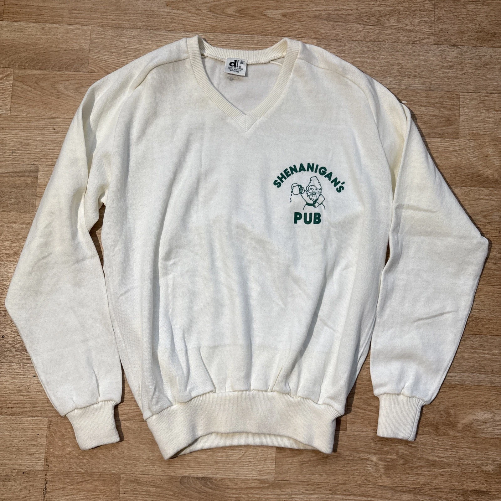 Vintage 70s 80s Shenanigans Pub V Neck Knit Sweater XL Downerwear Acrylic