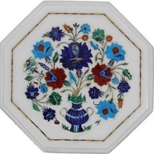 White Marble Coffee Table Top Multicolor Stone Inlay Work End Table for Office