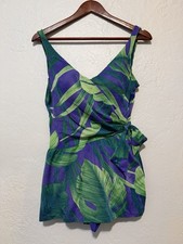 Vintage Jantzen Tropical Floral Romper Swimsuit 16 Retro Boho Modest Swim Dress