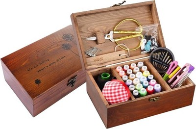 Vintage Wooden Sewing Kit Box - Complete Repair Set with Accessories for All