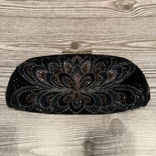 Vintage Black Beaded Evening Clutch Gold Frame Floral Art Deco Bag