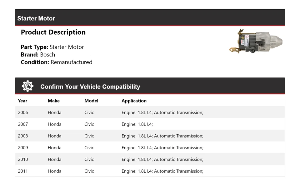 For 2006-2011 Honda Civic 1.8L L4 Bosch Starter (Remanufactured) 2007 2008 2009 - Image 2 of 4