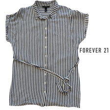 FOREVER 21 Belted Mini Dress Shirt Blue and White Size L