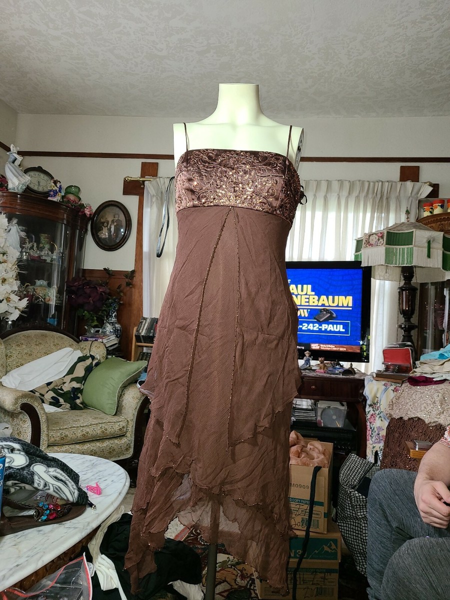 LAUNDRY SHELLI SEGAL BROWN flowing Sheer DRESS Sexy NECK Beads & sequins 8  | eBay