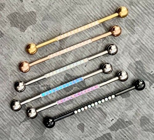 1pc CNC Set Lined Opals Industrial Barbell Implant Grade Titanium 38mm 1.5" - Picture 3 of 9