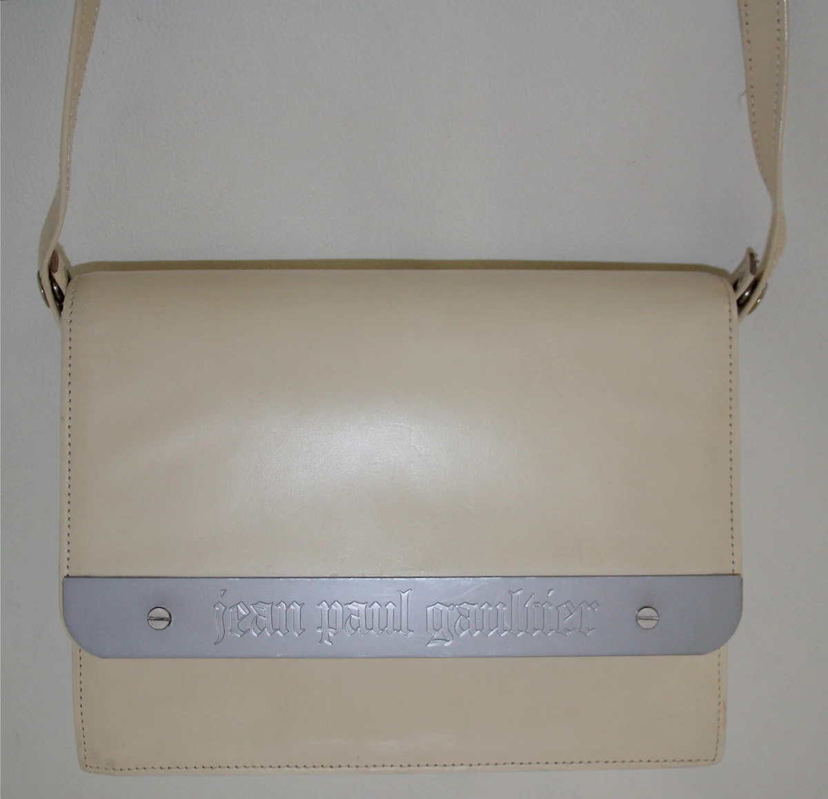 RARE Vintage Jean Paul Gaultier Metal Plate White Hand Shoulder Bag Purse
