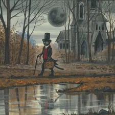 4x4 Halloween Black cat Ryta full moon haunted house Print Of Painting Folk Art