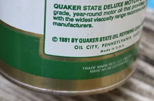 FULL ~dated 1981 QUAKER STATE DeLUXE MOTOR OIL 1 qt. Tin Can ~ XTRA NICE