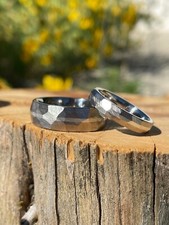 Facet Cut Ring Set, Affordable Wedding Bands, Titanium and Solid Sterling Silver