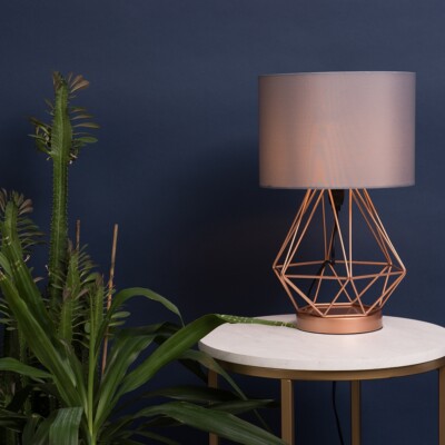 Geometrische Touch Tischlampe Metall Käfigfuß 41 cm hoch Leuchte Trommelschirm LED Birne