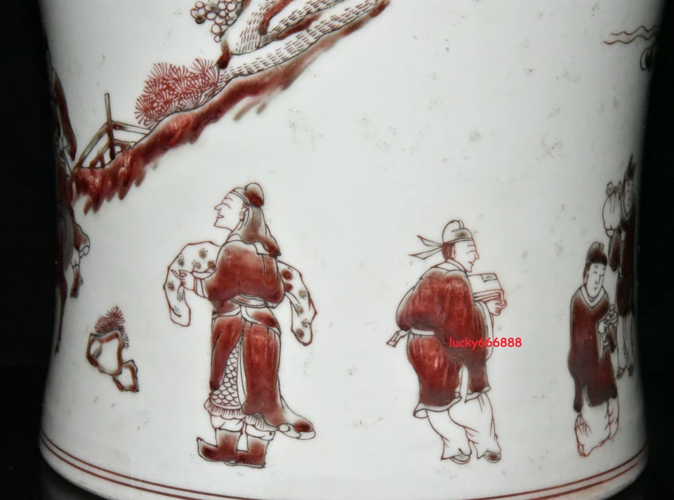 7,7" porcelana clássica dinastia Qing marca kangxi porcelana figura vermelha história pincel pote - Imagem 2 de 4