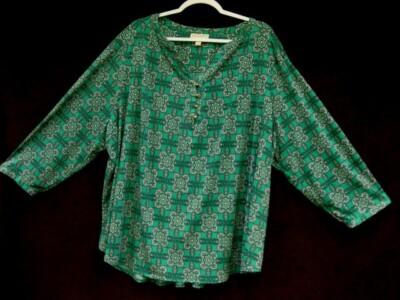 Dana Buchman Top~Teal Boho Beauty w/ Round Buttons~3X~Artsy Cool~60'' Bust