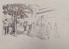 Ink Drawing "Street Scene" Original Artwork Signed by Artist  15 x 21 cm 