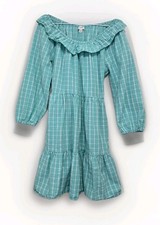 J. Crew Dress Light Green Plaid Seersucker Ruffle Off The Shoulder Womens Size 8