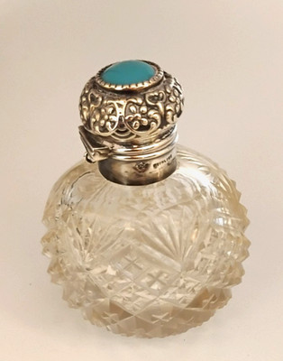 Antique Cut Glass Perfume Bottle Sterling Silver Repousse Blue Stone Flip Lid