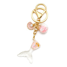 Mermaid Tail Pink Enamel Keychain Bag Charm Faux Pearl Gold Plated Coastal NEW