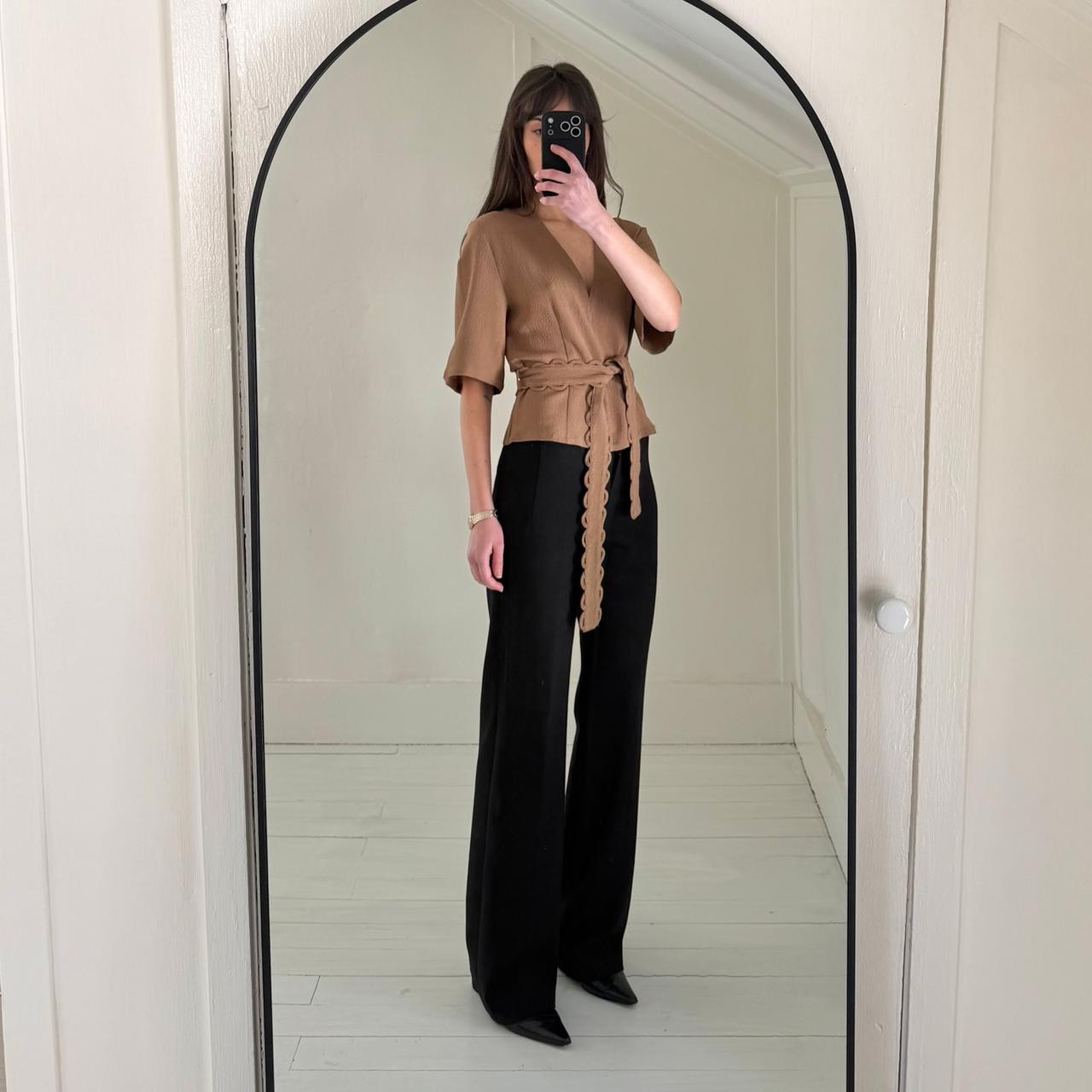 By Malene Birger Ullas Crepe Tie Waist Top Light Brown NWT Size 36 Retail $350 image 3