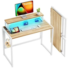 Small Folding Desk 31.5 Inch, Foldable Computer Desks with LED Lights and Mon