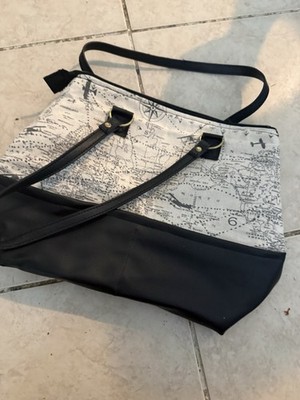 Black/White Map Print Large Women s Tote Bag Zip Top Detachable Strap Lined