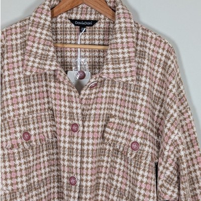Davi & Dani Pink Brown Houndstooth Flannel Shacket NWT Boho Western Womens 2XL