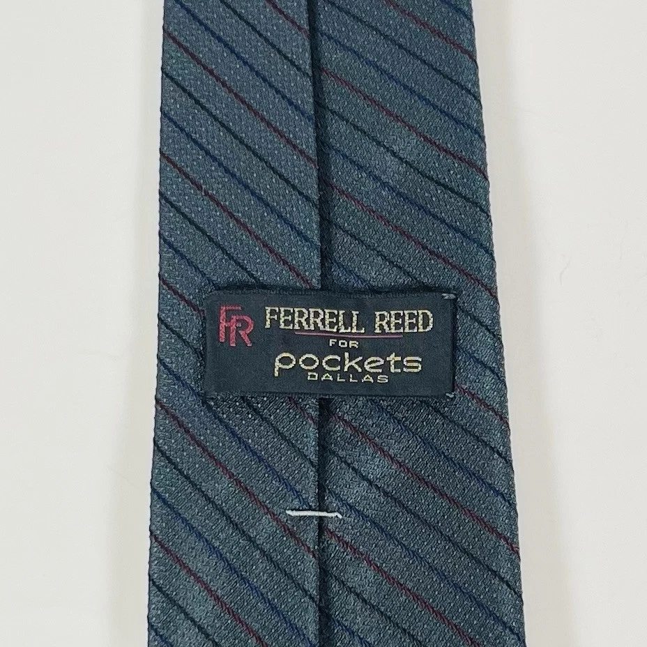 VTG Ferrell Reed 100% Silk Neck Tie Gray W/Burgundy, Blue, Black Stripes 3 1/16” - Image 4 of 4