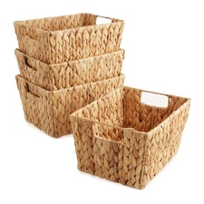 4pk Hyacinth Storage Baskets w Handles 12x9x6, Wicker Bins for Shelves, Natural