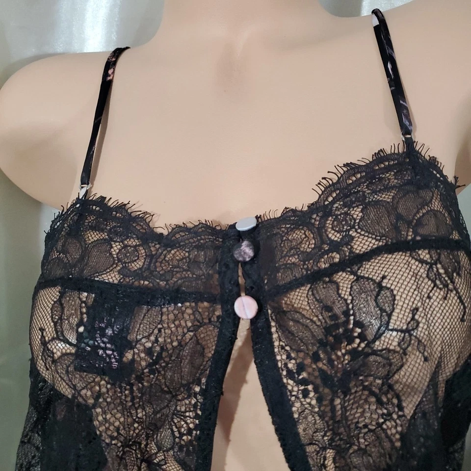 Conjunto de Pijama Corto y Top VICTORIA'S SECRET Años 90 NEGRO SATINADO Floral Encaje GRANDE Foto 2 de 4