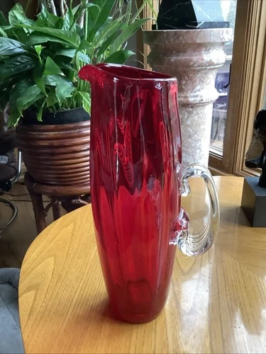 Blenko? Glass Red Tall Pitcher Clear Applied Handle 13” Tall