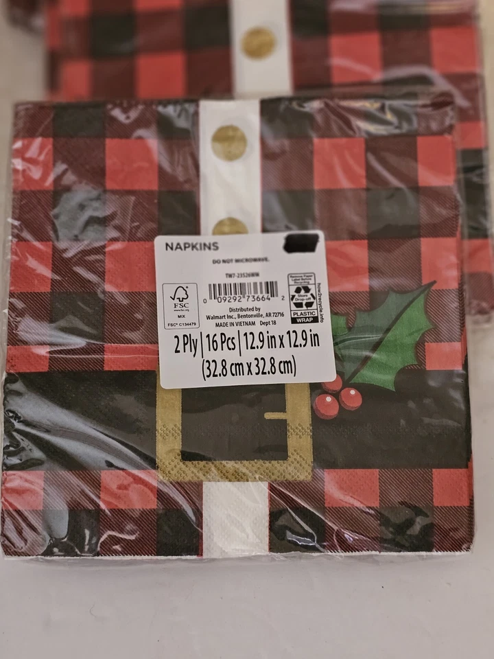 Juego de 5 servilletas y 5 platos de fiesta con cinturón de Papá Noel navideño NUEVO sellado a cuadros Foto 3 de 4