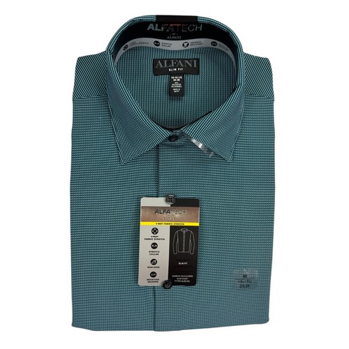 Alfani Mens Slim Fit 4-Way Stretch Geo Dress Shirt Teal Green 15-15.5 34/35