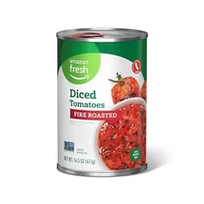 Amazon Fresh Fire Roasted Diced Canned Tomatoes 14.5oz- Happy Belly- Varying Pac