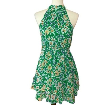 NEW Sienna Sky Green Floral Sleeveless High Neck Tiered Mini Dress Women's Small