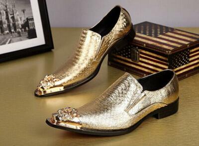 Shiny Men's Leather Dress Shoes Metal Pointed Toe Formal Slip On