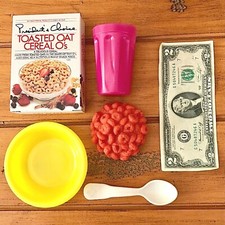 FISHER PRICE FUN FOOD MTC REALISTIC CEREAL BOWL SPOON CUP CARDBOARD BOX RARE