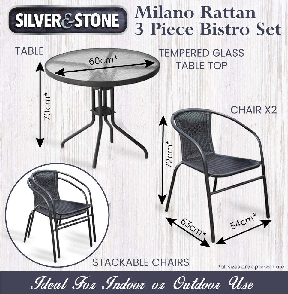 Silver Stone Rattan Bistro Dinning Furniture Set Black 3 Piece